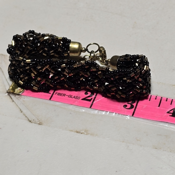 Vintage Gold & Black Glass Seed Beaded Multistrand Bracelet - Picture 4 of 4